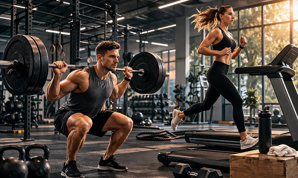 Peeacelily | Planet Fitness: Membership Costs, Equipment, Benefits, and What to Know Athlete performing heavy barbell squats alongside a runner on a treadmill comparing traditional vs budget gyms-Planet Fitness