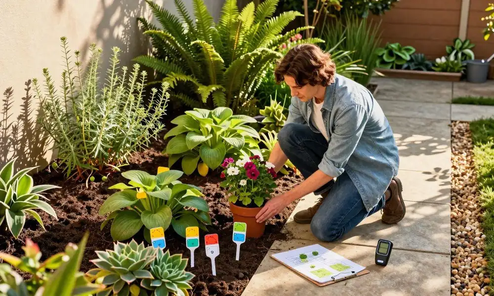 Gardener planting hostas, ferns, and flowering plants in a outdoor garden bed.