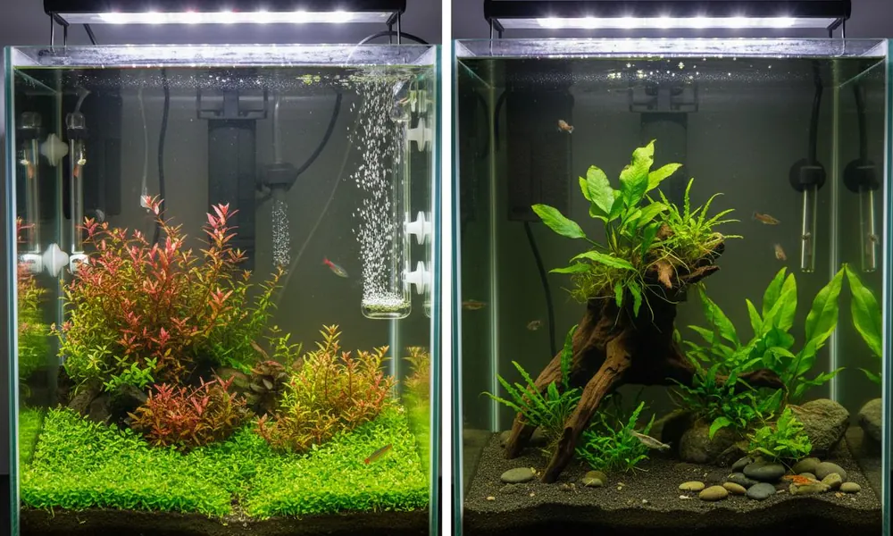Peeacelily | Aquarium Plants: A Complete Guide to Types, Benefits, and Care Comparison between high-light CO2 planted tank and low-tech aquarium setup