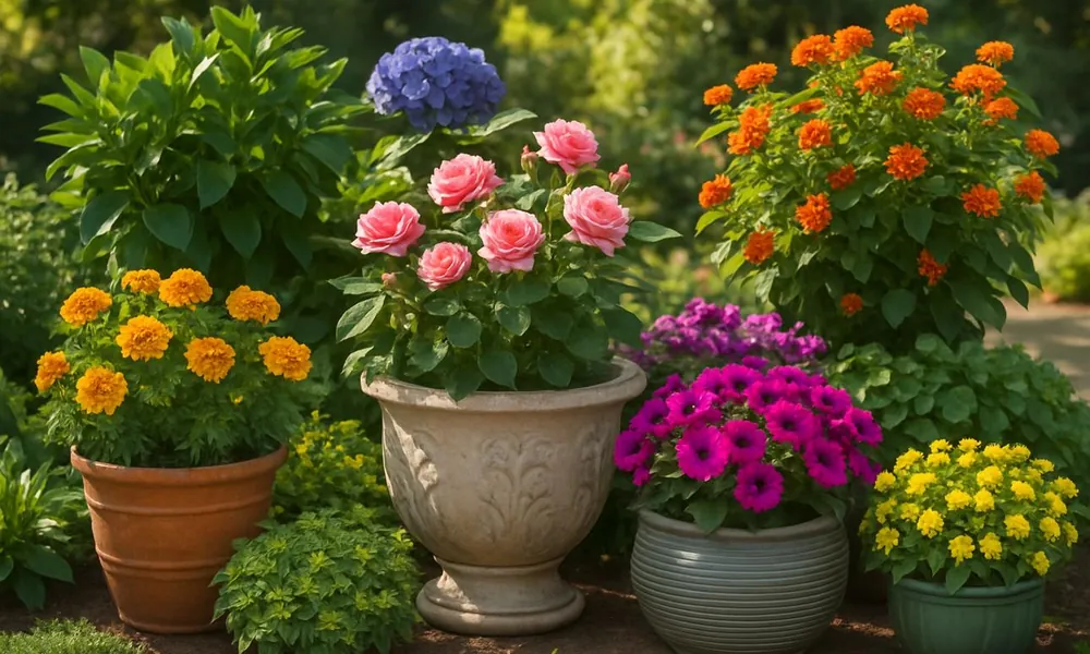 Potted roses, marigolds, petunias, and hydrangeas arranged in outdoor containers.