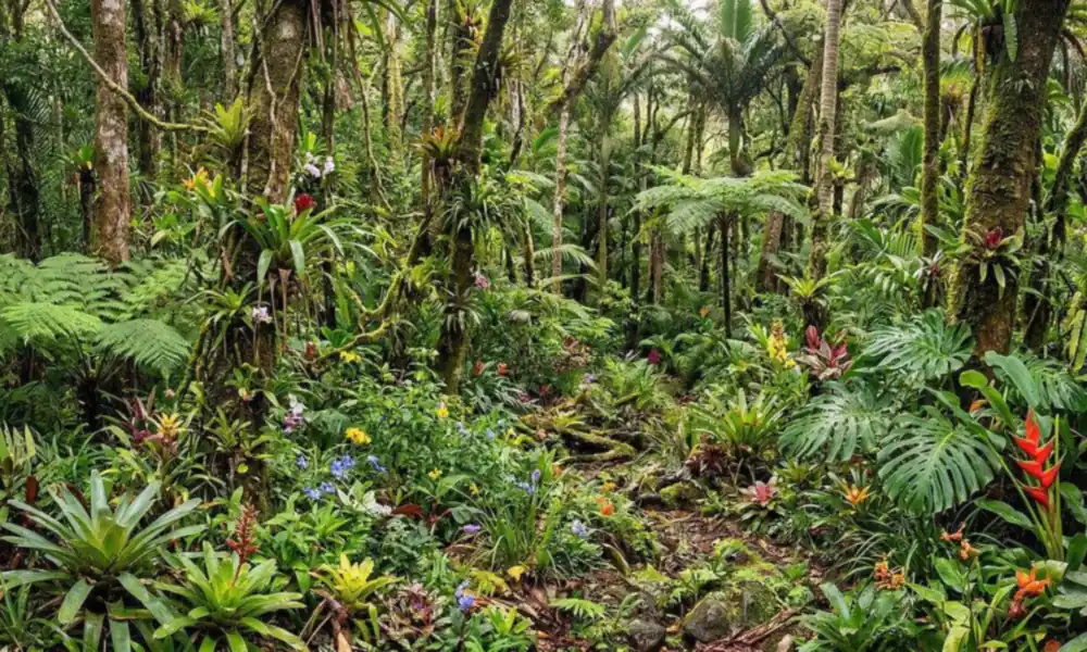 Peeacelily | Rainforest Plants: A Guide to Tropical Species, Adaptations, and Growth Different rainforest plants including tropical leaves, ferns, orchids, vines, and bromeliads growing together.