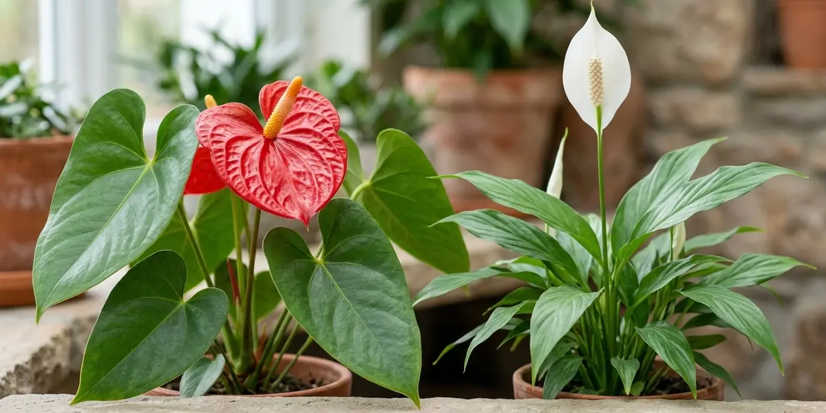 Potted anthurium and peace lily plants sitting side-by-side on a sunny windowsill in a bright room.