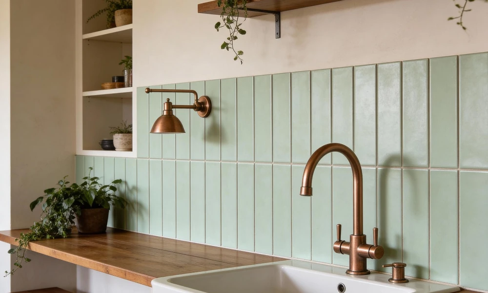 Peeacelily | Color Tiles: How to Bring Color, Pattern, and Plants Together in Your Home Vertical sage green tiles paired with a wooden countertop and indoor greenery.