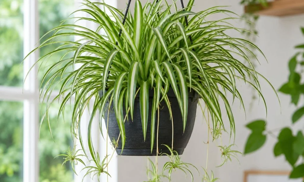 Full spider plant with cascading foliage and baby plantlets hanging in a black pot near a bright window