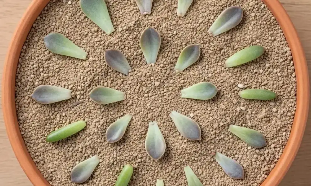Peeacelily | Succulent Plants: A Complete Guide to Growing and Caring for Succulents Arrangement of harvested succulent leaves laid out in a circle on dry propagation soil to grow new plants