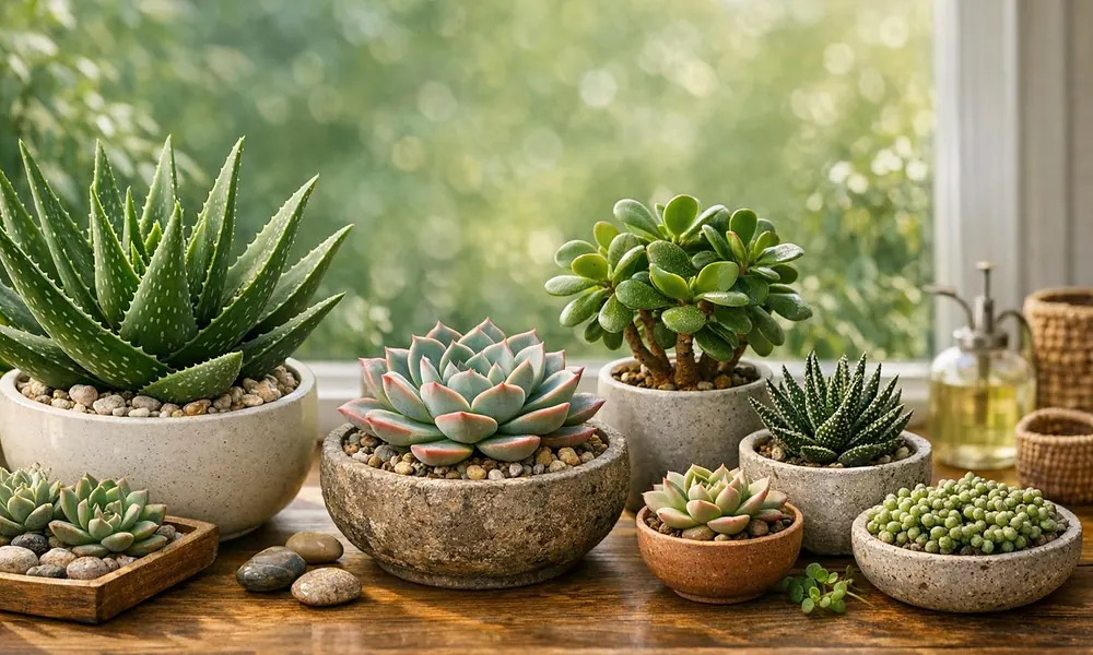 Peeacelily | Succulent Plants: A Complete Guide to Growing and Caring for Succulents Assorted succulents including a jade plant and aloe vera arranged neatly in stone and ceramic bowls