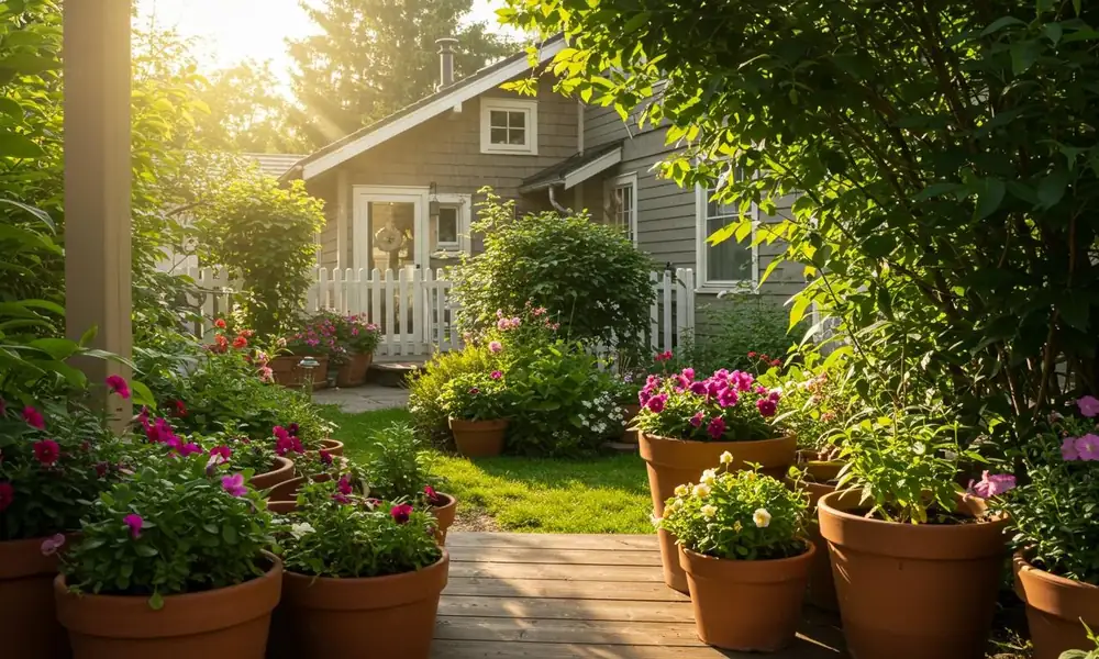 Terracotta pots with blooming petunias and potted plants in a sunlit garden patio.