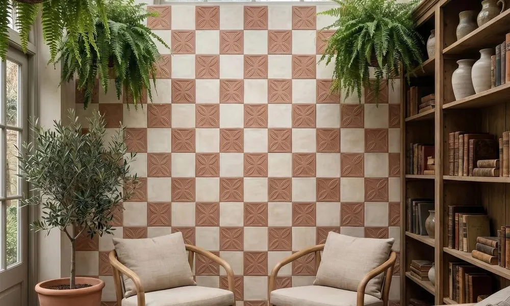 Peeacelily | Color Tiles: How to Bring Color, Pattern, and Plants Together in Your Home Patterned terracotta and neutral wall tiles in a plant-filled reading corner.