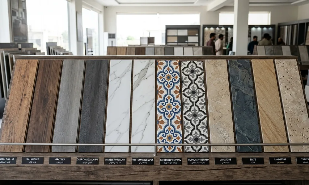 A display rack showing diverse flooring samples, including wood-look LVP, marble porcelain, patterned tile, and natural stone.