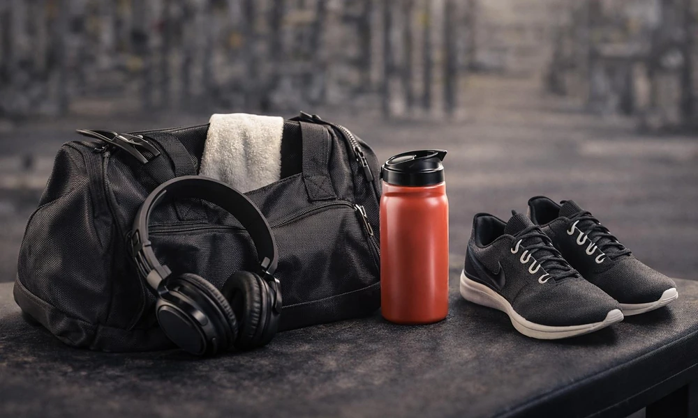Peeacelily | Planet Fitness: Membership Costs, Equipment, Benefits, and What to Know Black gym bag packed with essential workout gear, water bottle, headphones, and running shoes-Planet Fitness