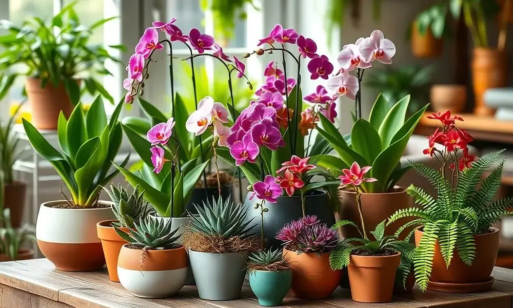 Peeacelily | Rainforest Plants: A Guide to Tropical Species, Adaptations, and Growth Collection of colorful potted orchids, ferns, and tropical houseplants arranged on a table