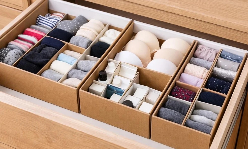 Open wooden dresser drawer neatly organized with cardboard dividers holding socks and underwear.
