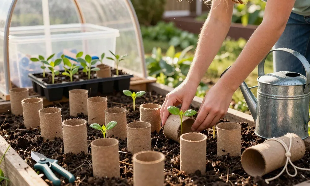 Person planting young seedlings in biodegradable toilet paper cardboard rolls in a raised garden bed-Repurpose Household Items