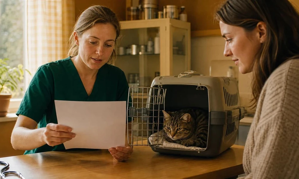 Veterinarian discussing plant toxicity treatment with a cat owner.