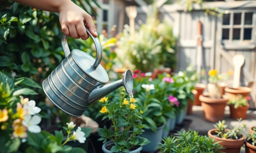 Person using a metal watering can to water potted outdoor plants.