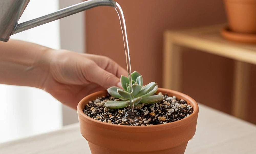 Peeacelily | Succulent Plants: A Complete Guide to Growing and Caring for Succulents A hand using a watering can to thoroughly water a small succulent planted in a terracotta pot