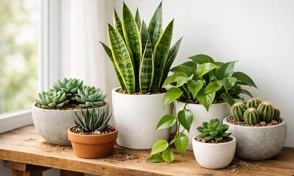 A variety of popular indoor plants including snake plants, succulents, and pothos in ceramic pots.