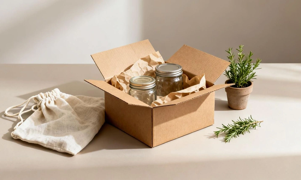 Open cardboard box packed with reusable glass jars and a small potted plant on a table.