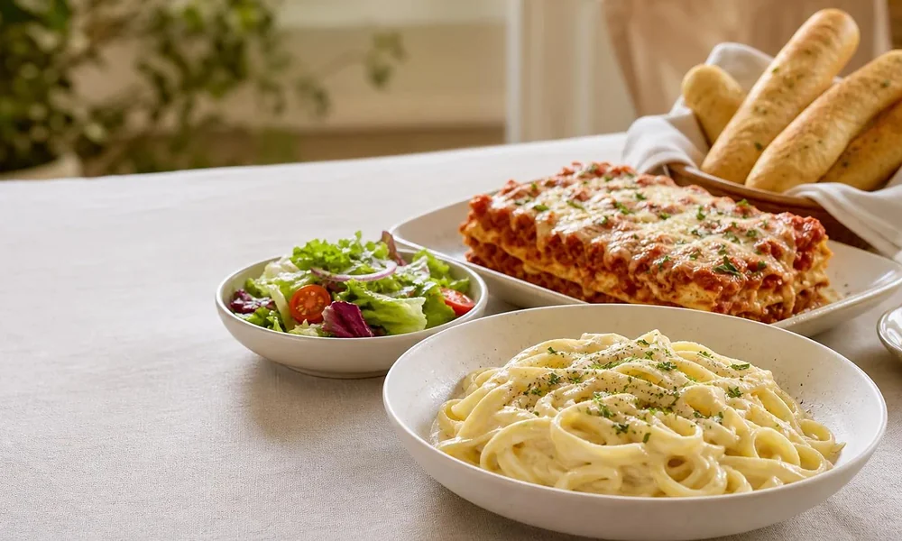 Peeacelily | Olive Garden: A Guide to the Menu, Dining, and Ordering Creamy fettuccine Alfredo, baked lasagna, side salad, and breadsticks for a first-time order