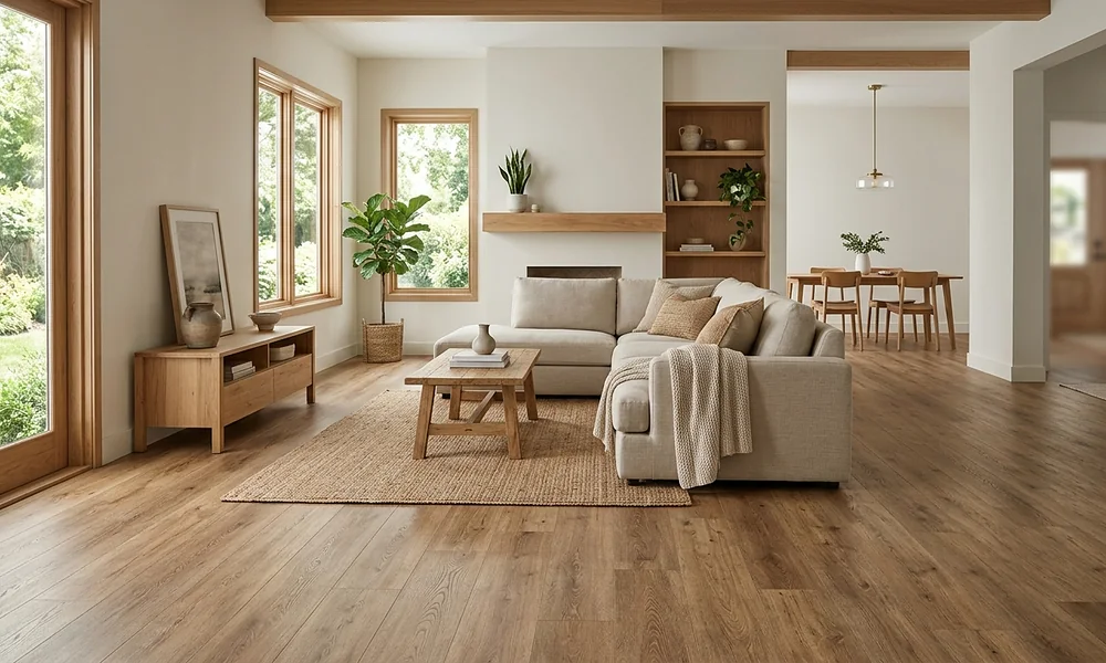 A bright, modern living room featuring warm wood-look flooring, neutral furniture, and large windows.