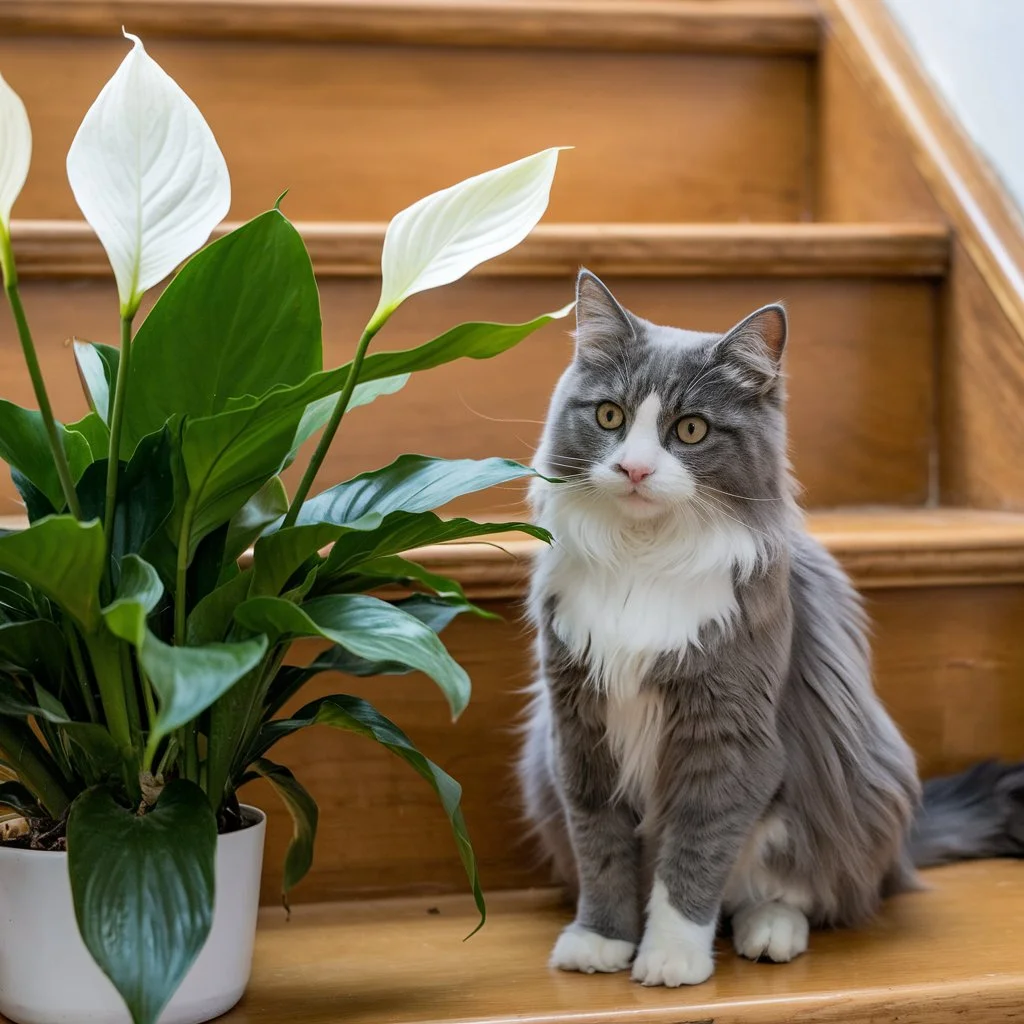 a cute cat with peace lily