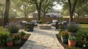 Vibrant paved garden with potted plants