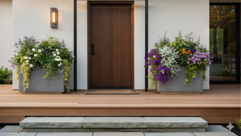 Stylish front door planters with greenery