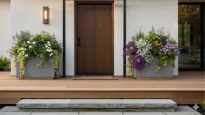 Stylish front door planters with greenery