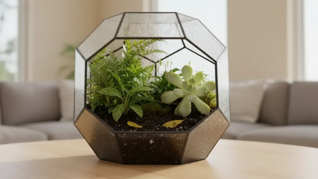 A tabletop glass terrarium showing common terrarium mistakes