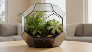 A tabletop glass terrarium showing common terrarium mistakes