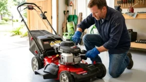 Peeacelily | Lawn Mower Repair: Common Problems and How to Fix Them A person wearing work gloves using a wrench to repair a red lawn mower in a garage.