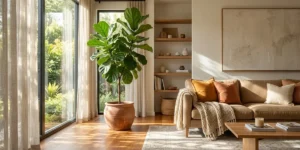 Peeacelily | Tall Indoor Plants: Which Ones Will Survive the Light in Your Room Fiddle leaf fig plant in a terracotta pot placed in a sunlit living room near sheer curtains