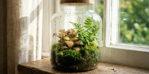 Peeacelily | Self Sustaining Terrarium: How to Build One That Lives for Years A working self-sustaining sealed glass terrarium with condensation droplets, moss, and fittonia on a windowsill.