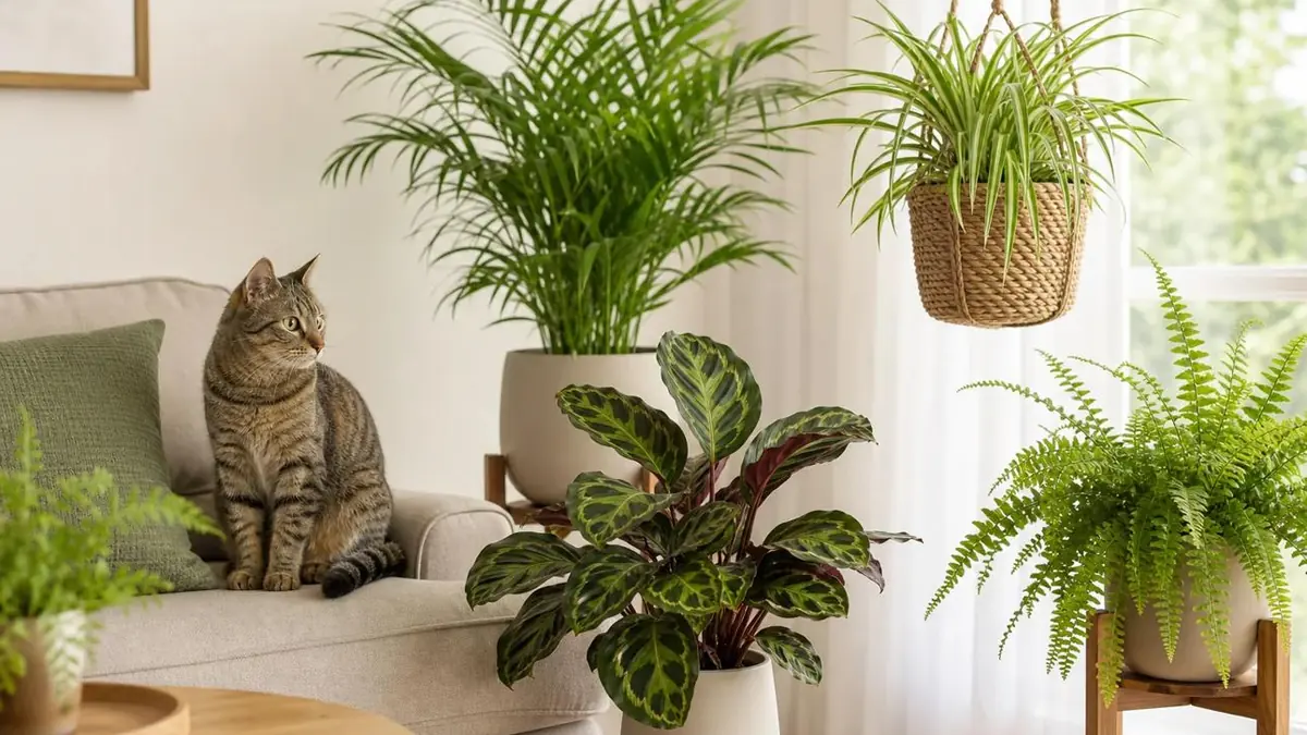 Tabby cat sitting on a couch near pet-friendly potted houseplants.