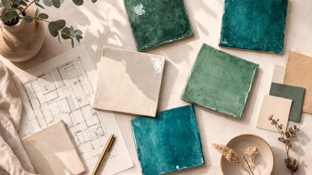 Assorted green and neutral color tile samples arranged with architectural plans and plant accents.