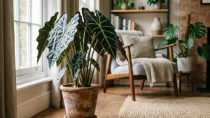 Peeacelily | Elephant Ear Plant Care: How to Grow Those Beautiful, Giant Leaves A potted Alocasia elephant ear plant sitting near a bright window indoors.
