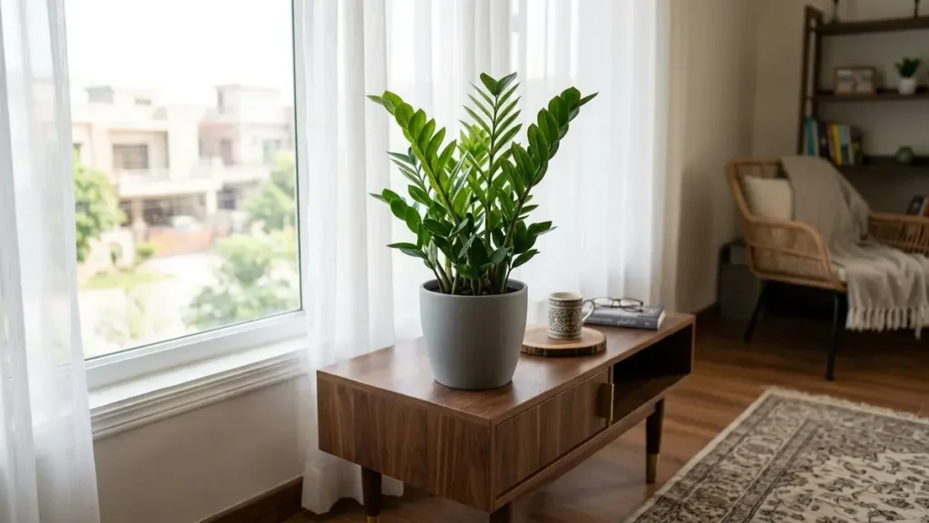 A healthy potted ZZ plant sitting on a wooden console table next to a bright window with sheer white curtains.