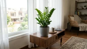 Peeacelily | ZZ Plant Care: How to Grow and Keep a ZZ Plant Healthy Indoors A healthy potted ZZ plant sitting on a wooden console table next to a bright window with sheer white curtains.
