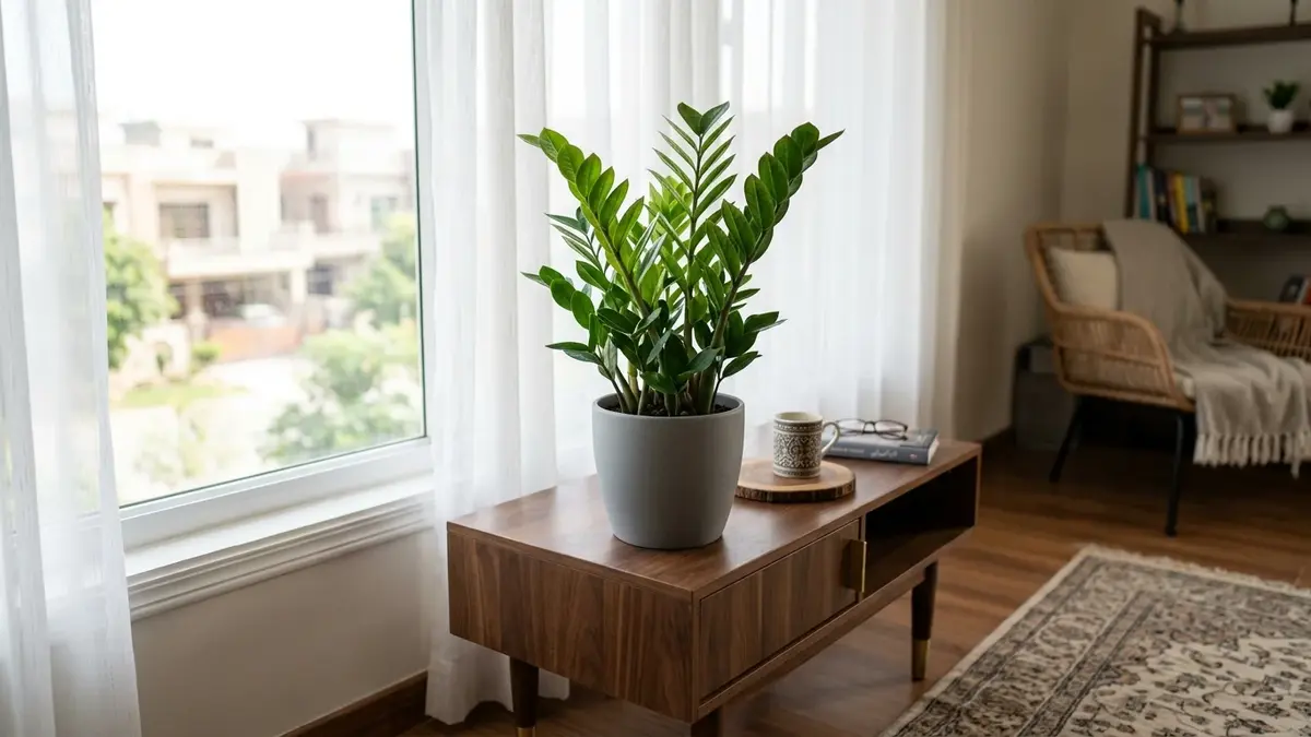 Peeacelily | ZZ Plant Care: How to Grow and Keep a ZZ Plant Healthy Indoors A healthy potted ZZ plant sitting on a wooden console table next to a bright window with sheer white curtains.