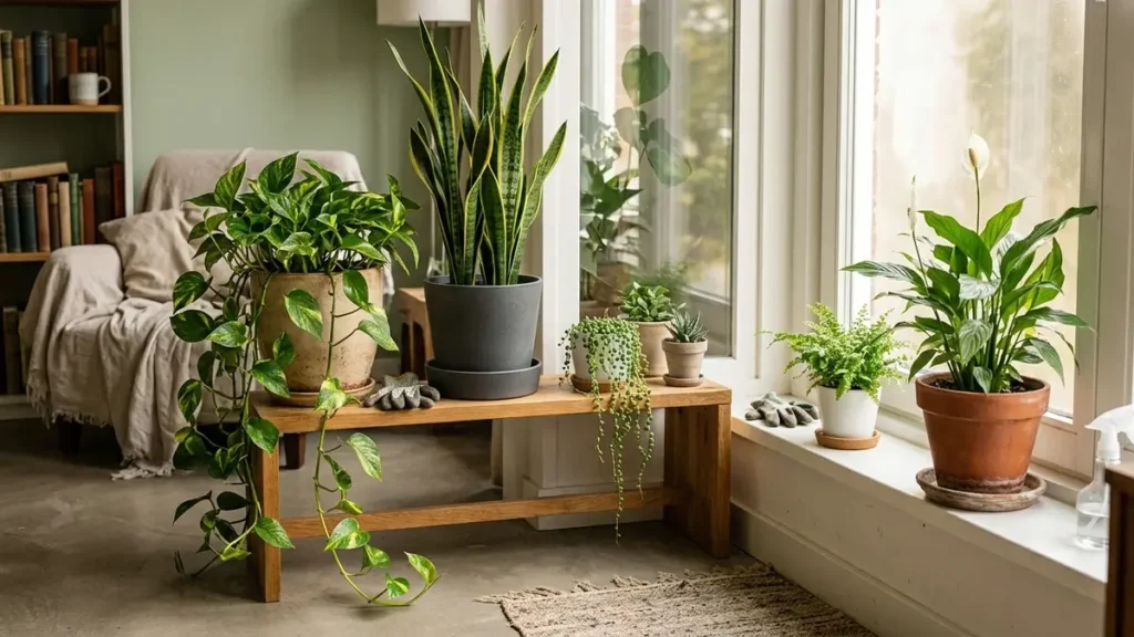 A cozy indoor garden setup featuring a variety of thriving houseplants on a wooden bench by a bright window.