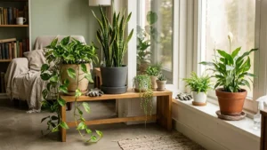 A cozy indoor garden setup featuring a variety of thriving houseplants on a wooden bench by a bright window.