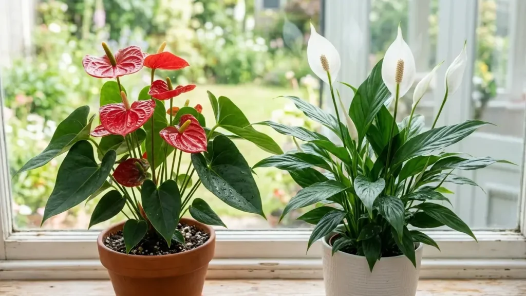 A side-by-side comparison of a red anthurium with glossy heart-shaped leaves and a traditional white peace lily.