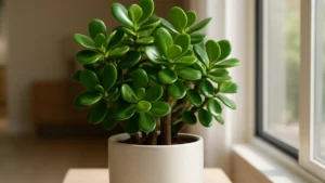 Peeacelily | Jade Plant Care: How to Grow a Healthy Jade Plant Indoors A vibrant, healthy jade plant in a modern white ceramic pot sitting near a bright window.