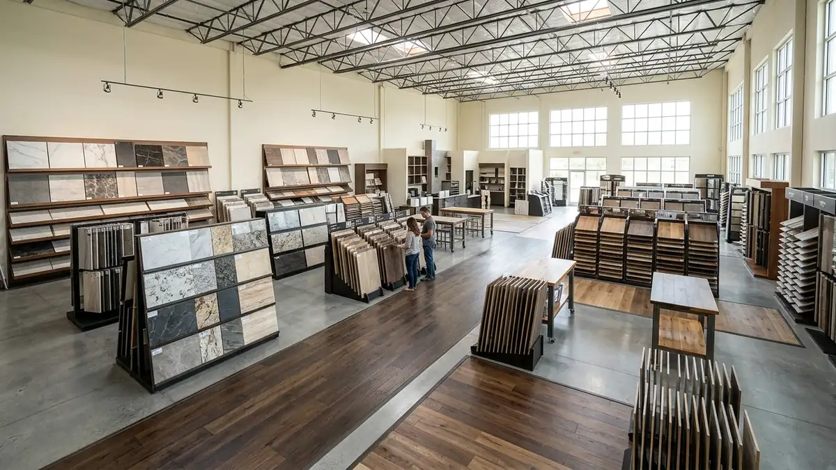 Peeacelily | Floor and Decor: Is It Worth the Hype? An Honest Shopper's Verdict A wide view inside a Floor & Decor warehouse showroom displaying various hard-surface flooring racks and tile displays.