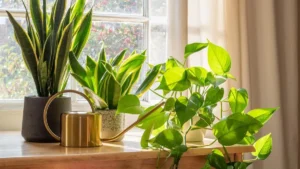 A vibrant collection of indoor plants including snake plants and pothos placed by a bright window.