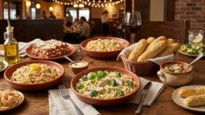 Peeacelily | Olive Garden: A Guide to the Menu, Dining, and Ordering Generous Olive Garden dining table setup featuring chicken Alfredo, lasagna, soup, and warm breadsticks