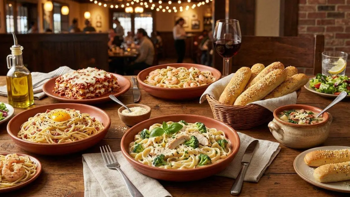 Generous Olive Garden dining table setup featuring chicken Alfredo, lasagna, soup, and warm breadsticks