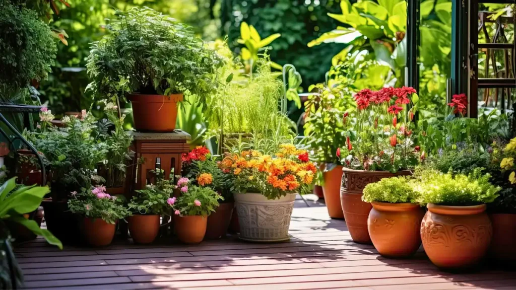Lush potted outdoor plants arranged on a sunny wooden patio deck.