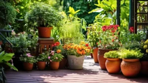 Lush potted outdoor plants arranged on a sunny wooden patio deck.