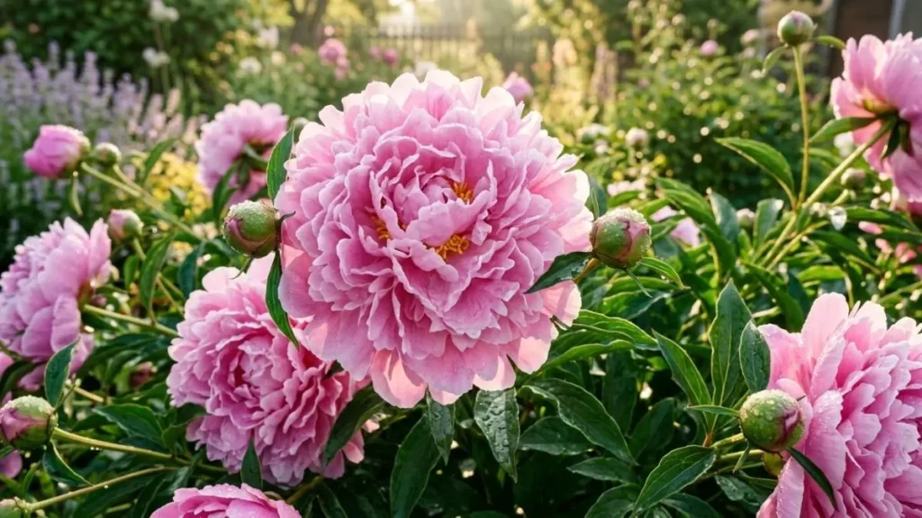 A lush garden bed filled with vibrant pink peony flowers in full bloom and green foliage under natural sunlight.